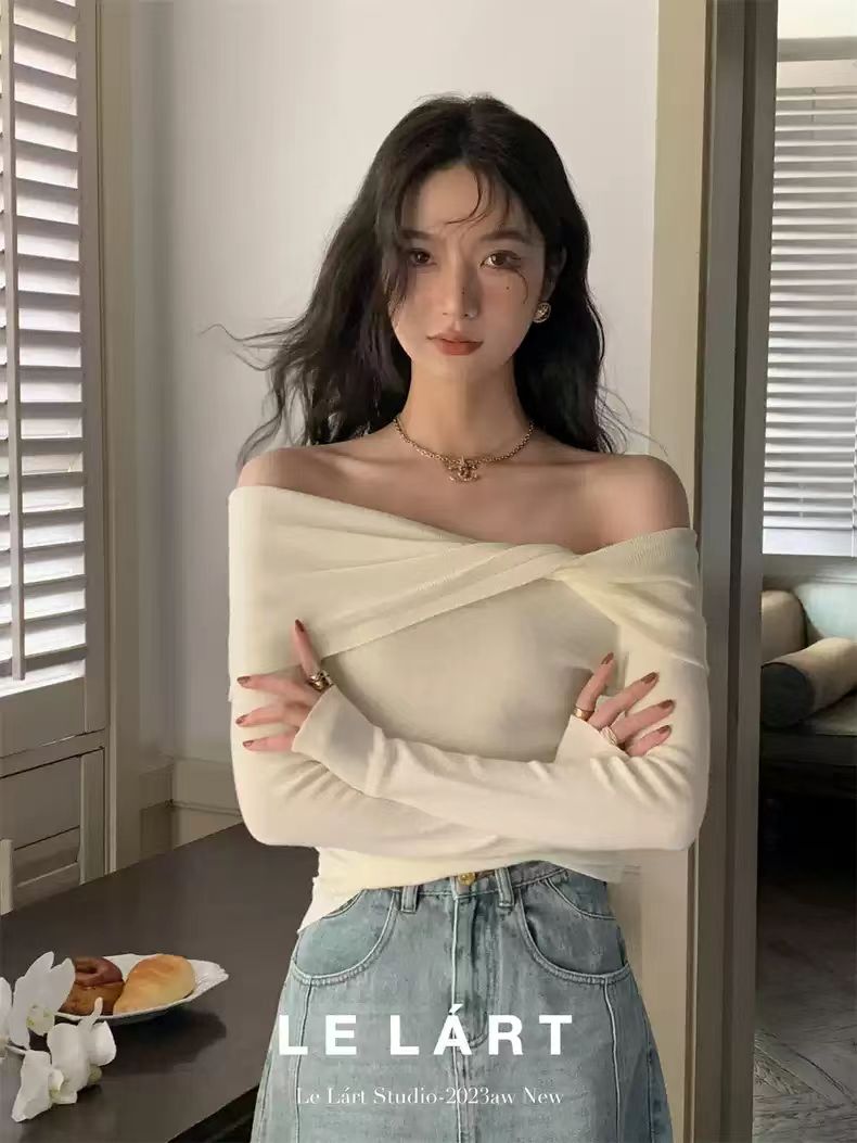 Thirteen lines of sexy one-line collar lace-up long-sleeved sweater for women early autumn new Korean style slimming off-shoulder top