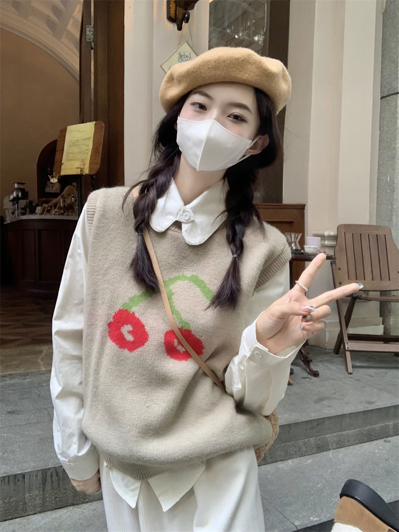 實拍~設計感疊穿櫻桃針織背心襯衣半身裙洋氣三件套