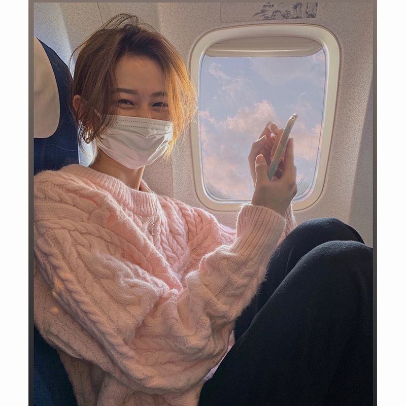 日系古着不規則設計感粉色粗麻花毛衣女春秋寬鬆慵懶風bf加厚上衣