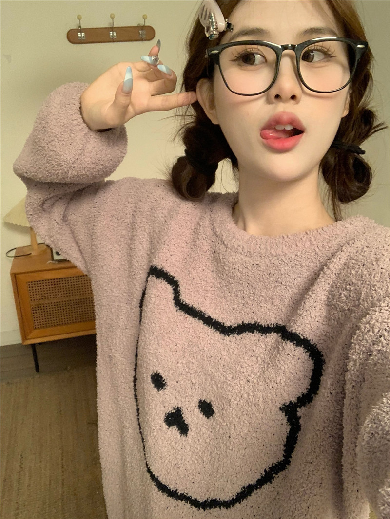 實拍韓版冬季保暖加厚圈圈毛衣休閒外穿寬鬆舒適外穿家居服套