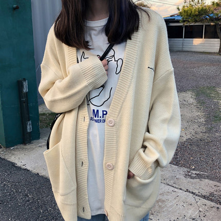 秋冬新款外套毛衣女加厚寬鬆外穿慵懶風韓版學生v領針織開衫