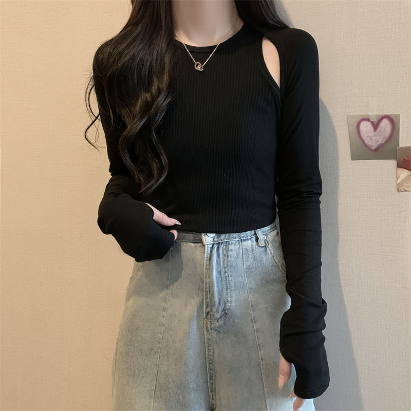 2023新款實拍韓版純色設計感女長袖T恤女港風假兩件百搭