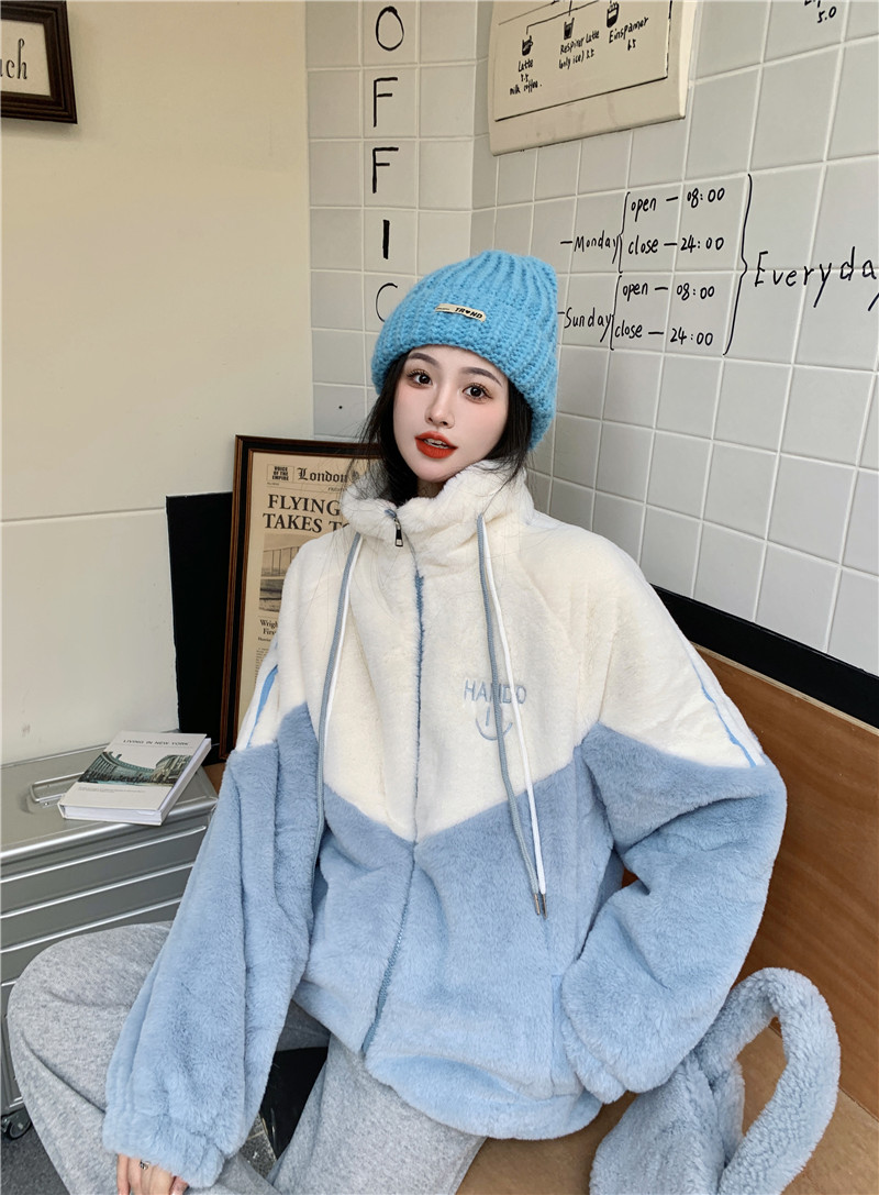實拍~冬季仿貂絨加厚毛毛外套女撞色抽繩立領刺繡棉衣棉服