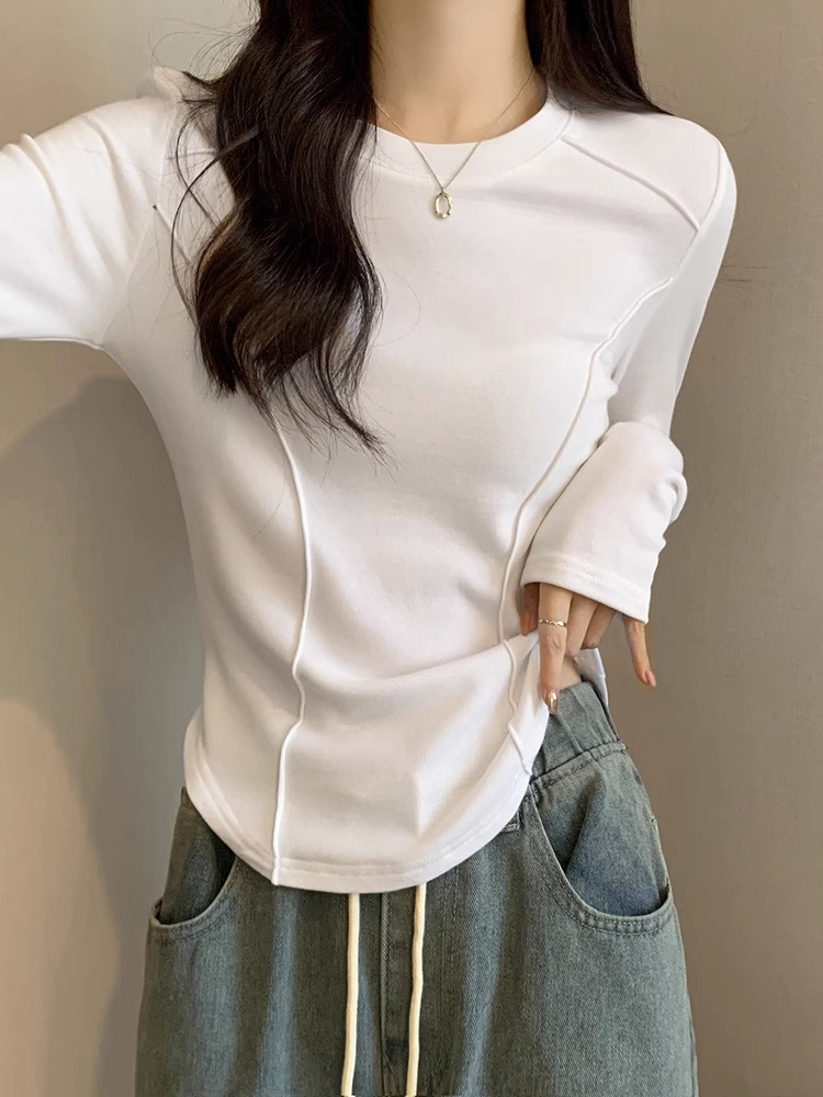 白色長袖打底衫女春秋冬內搭短款魚骨上衣設計感修身洋氣磨毛T恤