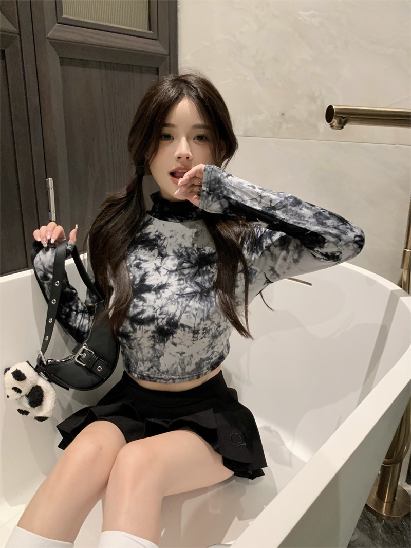 實拍  新中式國風半高領水墨畫打底扎染外穿修身短款內搭上衣