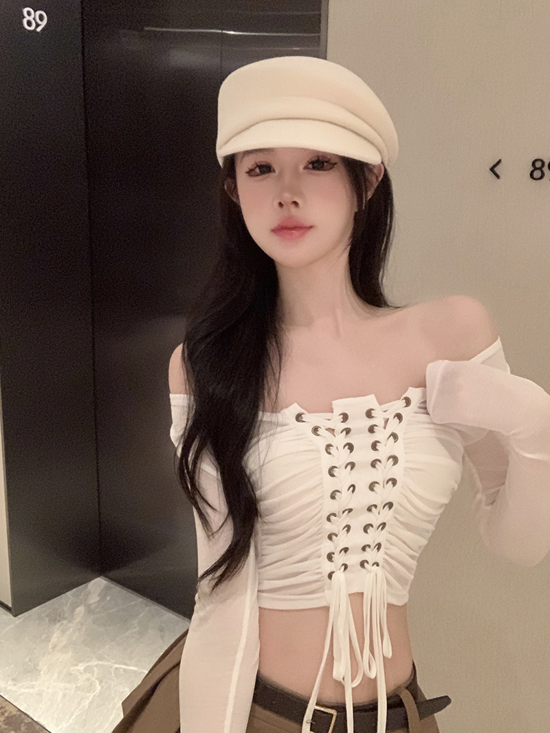 實拍 甜辣妹綁帶設計長袖t恤女新款性感一字肩修身顯瘦上衣 ​