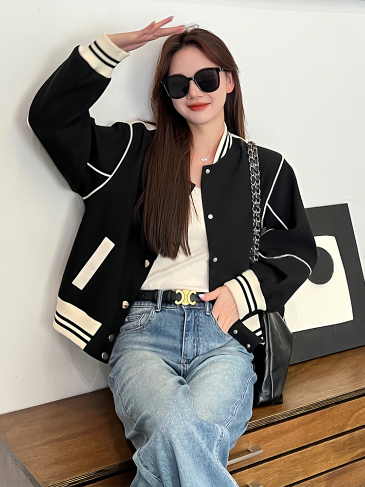 2023秋季新款韓版撞色棒球服外套女寬鬆顯瘦復古美式休閒夾克上衣