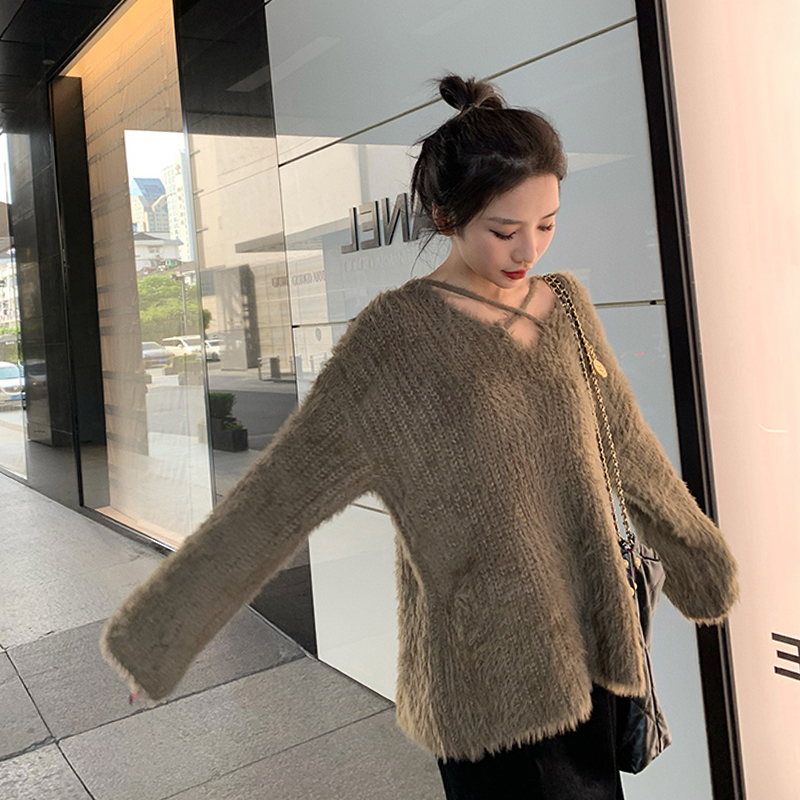 優質 秋冬V領溫柔風軟糯水貂絨毛衣女慵懶風上衣中長款針織衫