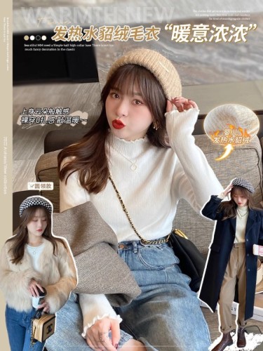 White sweater women's autumn and winter  new inner fungus bottoming shirt plus velvet thickened warm half turtleneck top