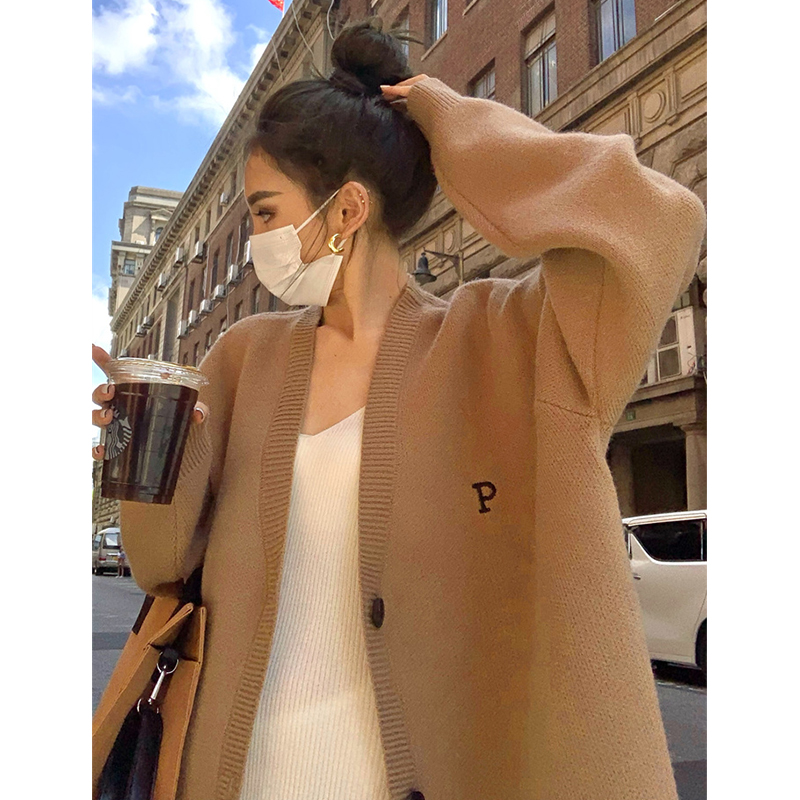 韓國東大門2023新款復古慵懶寬鬆長袖針織開衫字母刺繡毛衣外套女