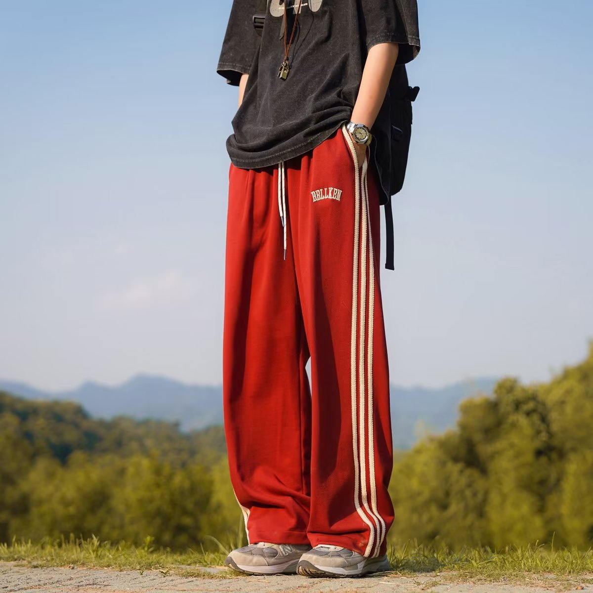 春秋冬新款灰色休閒褲男女衛褲日系流行寬鬆直筒百搭條紋運動褲子