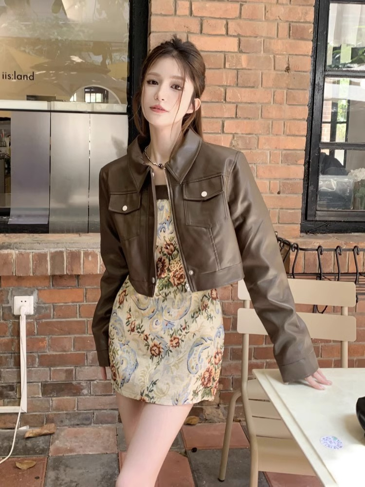 秋冬新款疊穿套裝碎花短裙吊帶連衣裙+復古咖色皮衣外套兩件套女