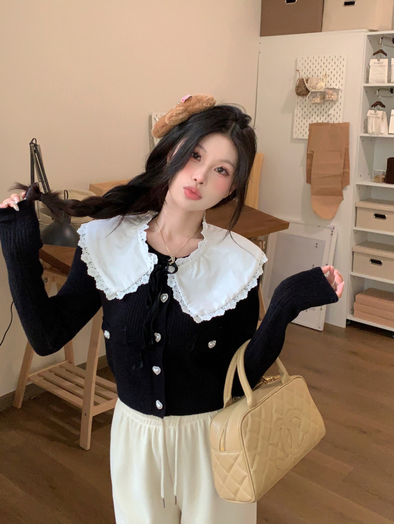 實拍 新款黑色復古顯瘦小香風娃娃領甜美設計感針織毛衣
