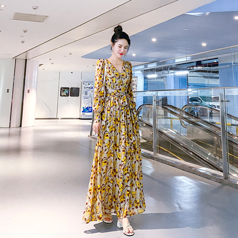 Floral V-neck long-sleeved slit dress women's shirt waist sexy autumn dress new pure desire spring and autumn