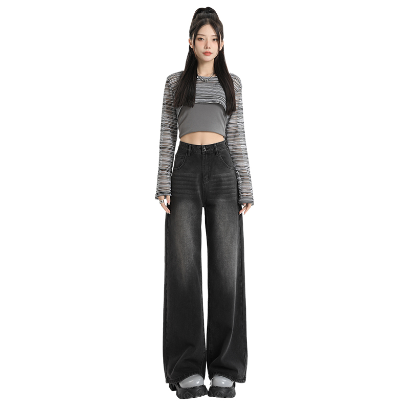 實拍2023秋季美式復古闊腿褲灰色寬鬆垂感拖地直筒牛仔褲女