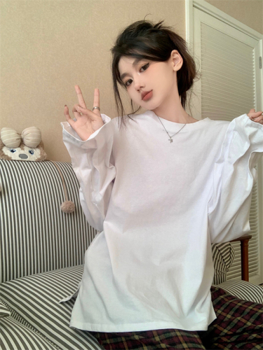 Real shot of new autumn and winter brushed fleece thickened bud sleeves chic T-shirt with long-sleeved bottoming shirt