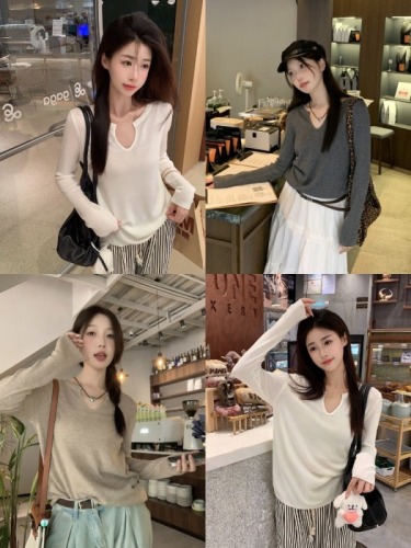 White knitted sweater for women  new autumn and winter inner layering shirt, chic and beautiful slim long-sleeved top early autumn