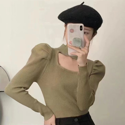 Korean style design halter neck bottoming shirt women's long-sleeved sweater  autumn exposed collarbone careful new top