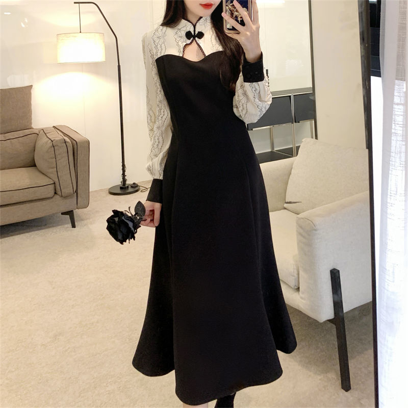 2023新款法式立領連衣裙女秋冬季拼接設計感復古胖mma字裙子女