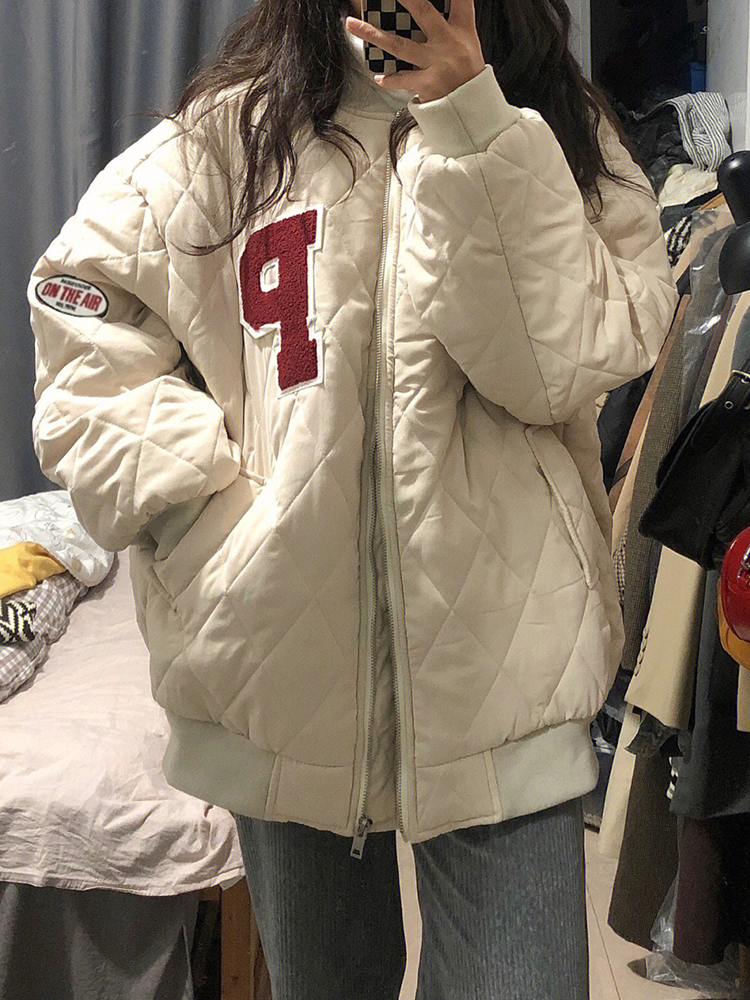 菱格棉服女冬季設計感小眾oversize飛行員夾克外套加厚棉襖棒球服