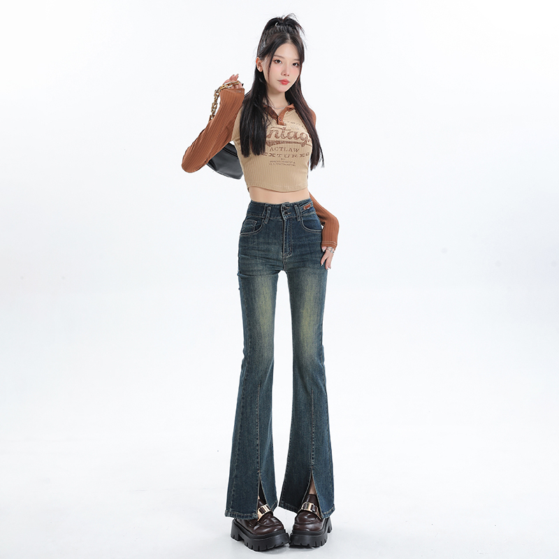 實拍2023秋季復古開叉高腰修身微喇牛仔褲女