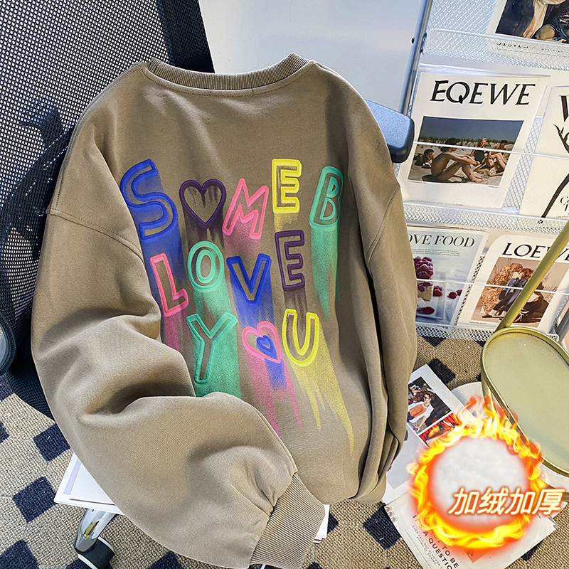 實拍-冬裝華棉複合銀狐絨+後包領發泡印花加絨加厚衛衣女