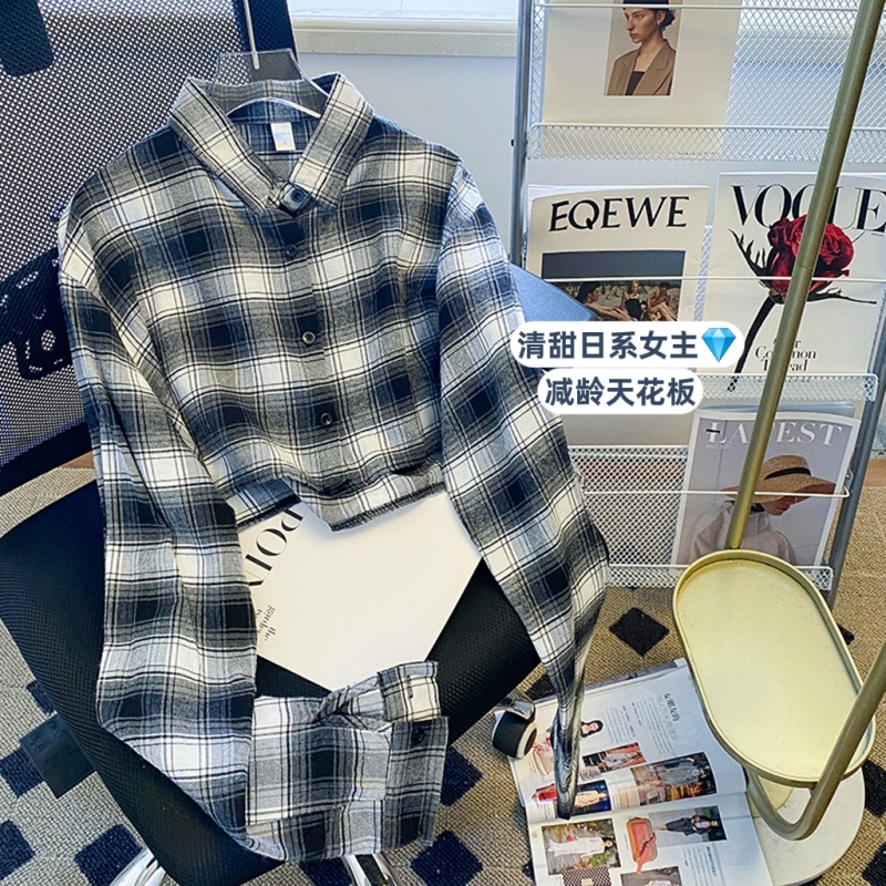 實拍 新款時尚休閒 50%棉 50%纖 春裝短款格子襯衫女設計感小眾