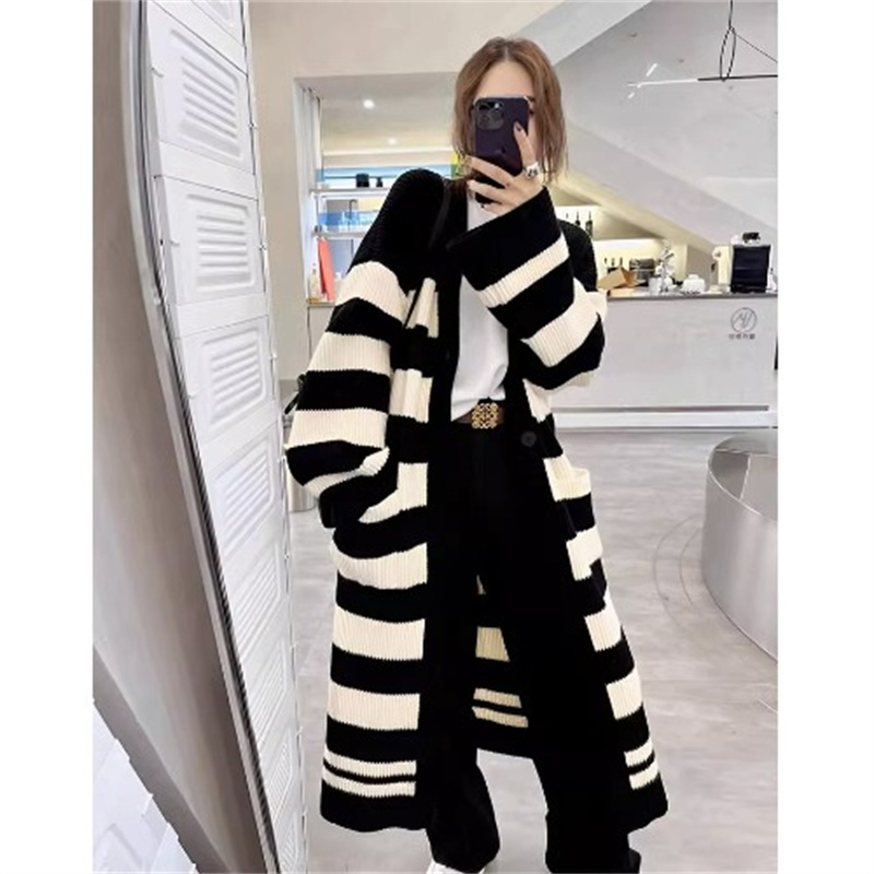 Autumn lazy style knitted cardigan over-the-knee coat autumn and winter long V-neck style striped contrast coat thick for women
