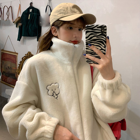 Bear stand collar jacket winter 2023 new imitation lamb wool thickened warm and age-reducing loose cotton tops for women