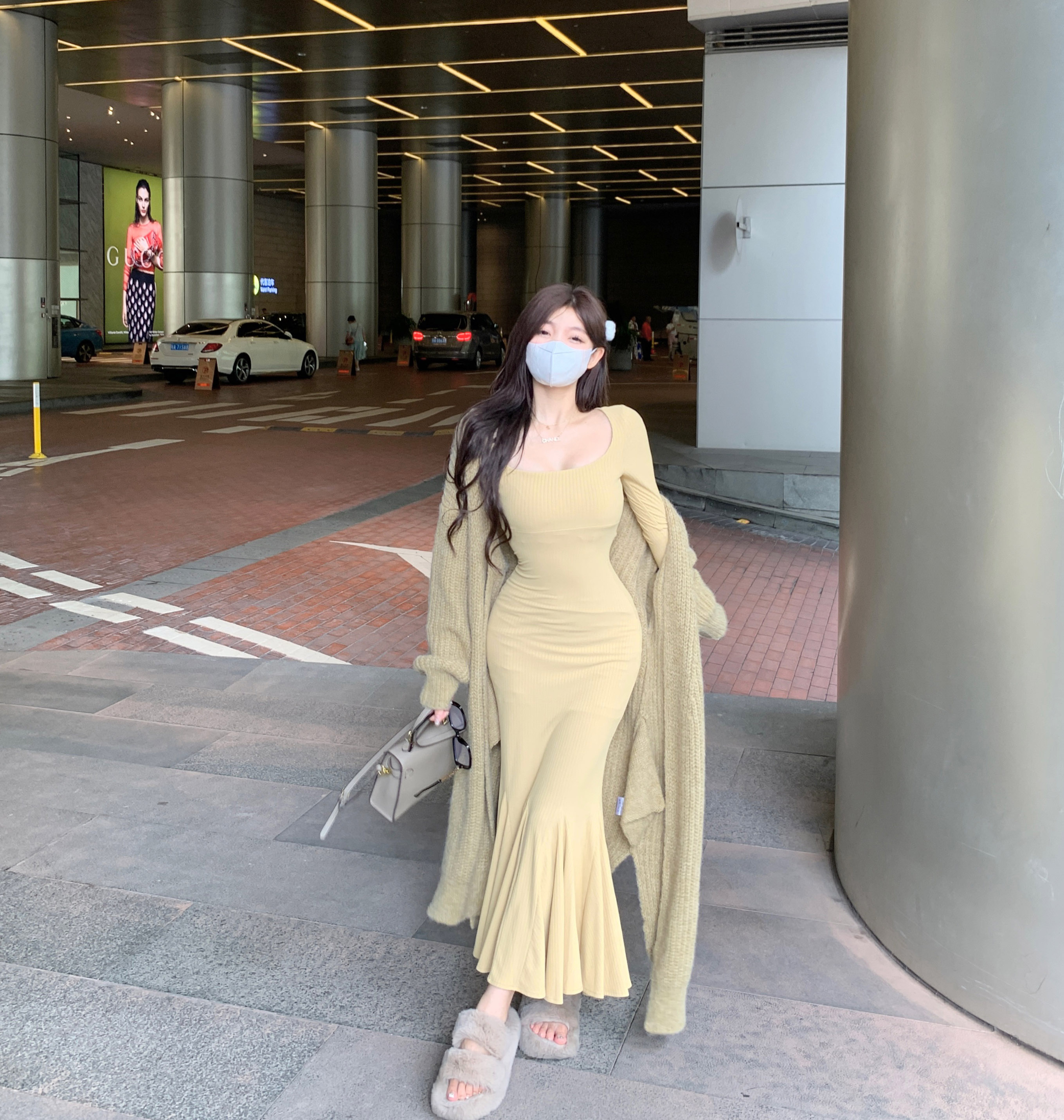 實拍~純欲拼接魚尾擺修身顯瘦打底包臀長裙中長款毛衣外套