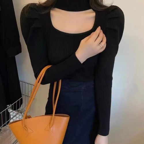 Korean style design halter neck bottoming shirt women's long-sleeved sweater  autumn exposed collarbone careful new top