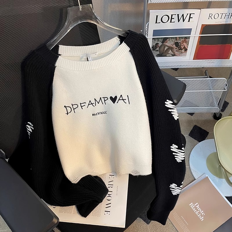 Contrast color stitching love letter sweater for women winter new design loose short long-sleeved pullover sweater top