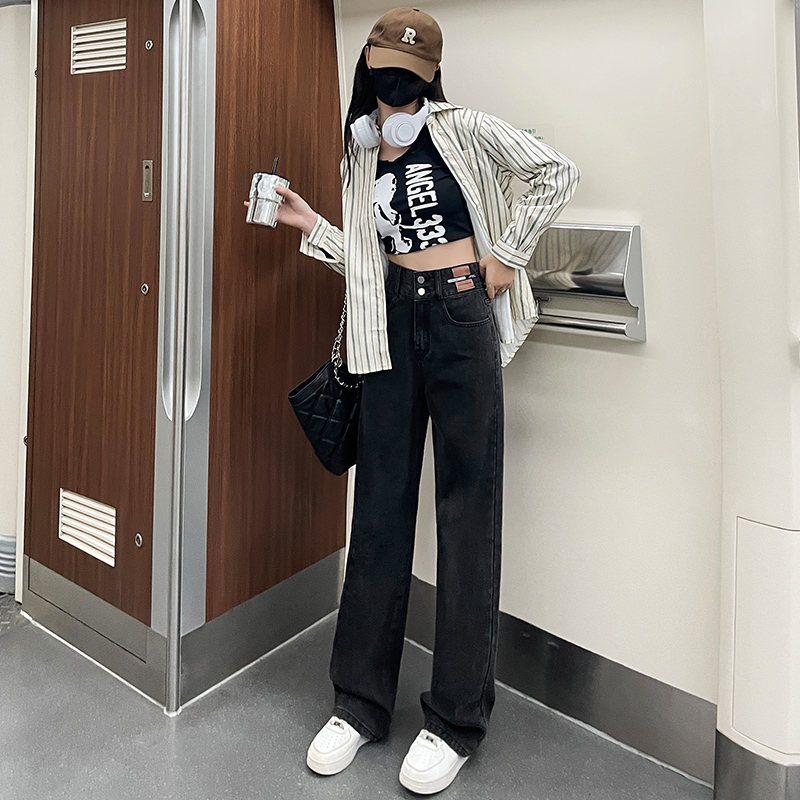 實拍2023秋冬時尚皮牌雙扣加絨加厚直筒休閒高腰牛仔褲女