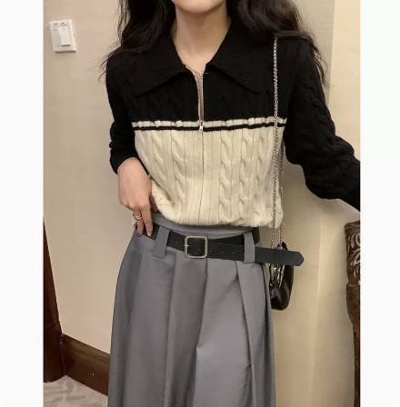 麻花拉鏈毛衣外套法式復古上衣設計感撞色翻領針織開衫女秋冬新款