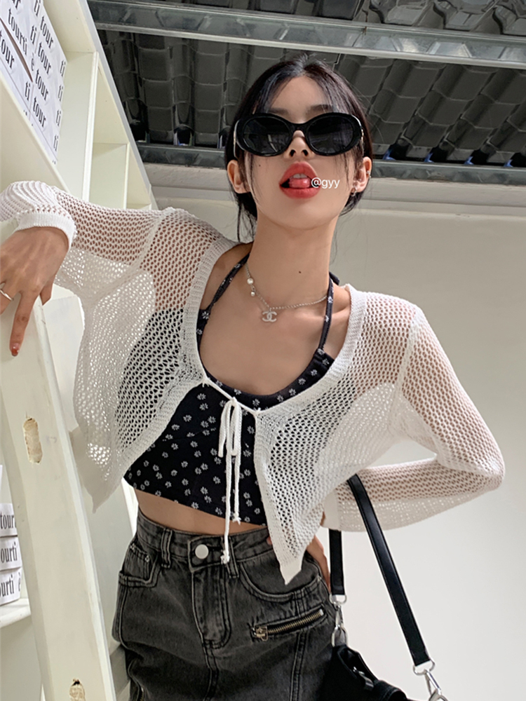 Retro hottie knitted sun protection jacket for women summer outer shawl thin cardigan top short air conditioning blouse