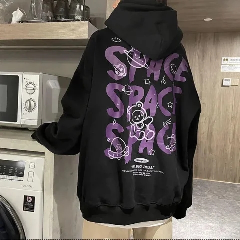 Fish scale 8515 national trend bear letter print hooded sweatshirt for women Korean style couple niche jacket