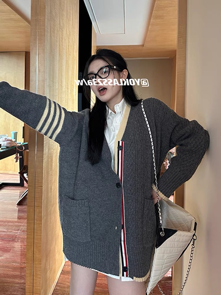 溫柔學院風V領開衫毛衣女秋冬新款慵懶風寬鬆百搭針織外套上衣潮
