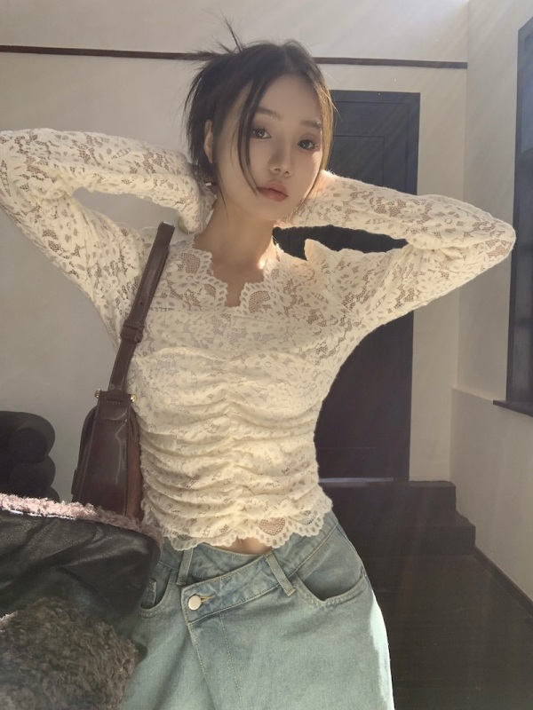 實拍 韓版修身顯瘦性感鏤空長袖蕾絲打底衫百搭學生甜美上衣