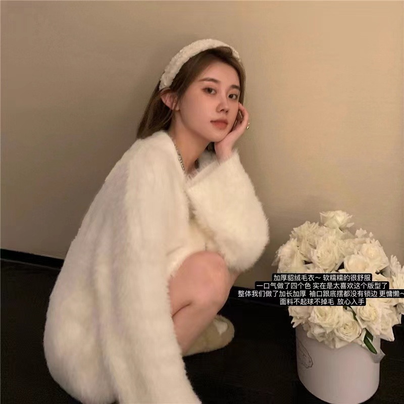 韓版慵懶風時尚休閒v領水貂絨毛衣秋冬季軟糯馬海毛加厚針織衫女