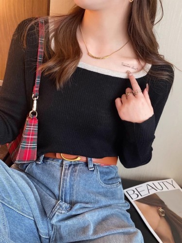 Knitted sweater for women spring and autumn  early autumn top square collar French long-sleeved bottoming shirt with white loose sweater underneath