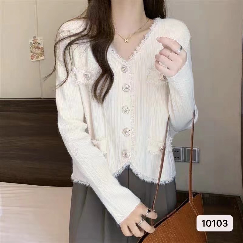 2023秋季新款設計感法式小香風V領流蘇毛邊長袖開衫上衣女ins潮女