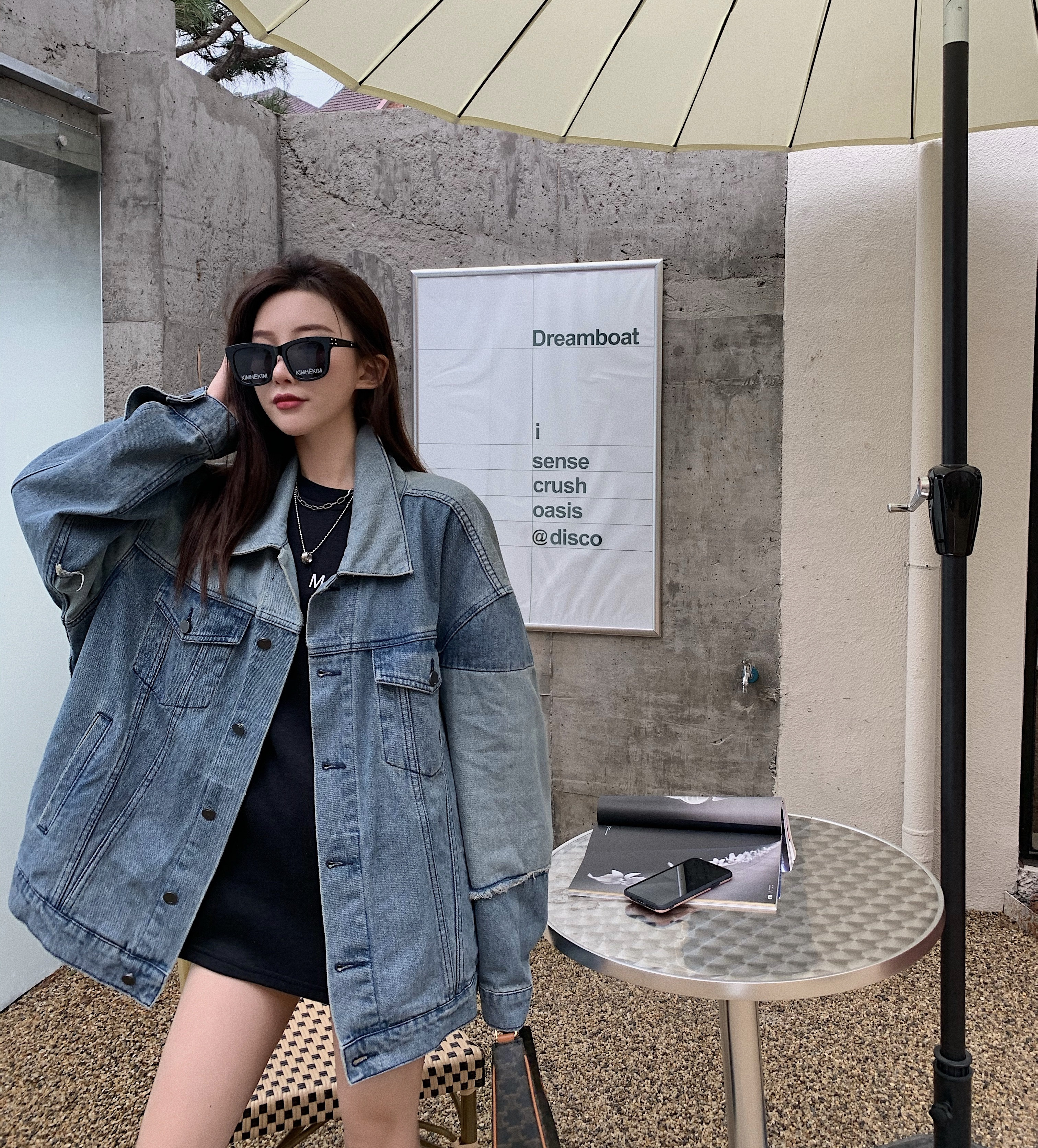 實拍！港味chic設計感上衣寬鬆女拼色長袖百搭牛仔外套