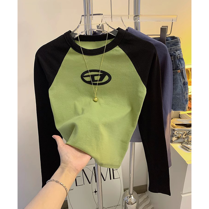 Niche trendy brand color-blocked long-sleeved T-shirt for women 2023 autumn new small slim slimming bottoming shirt top