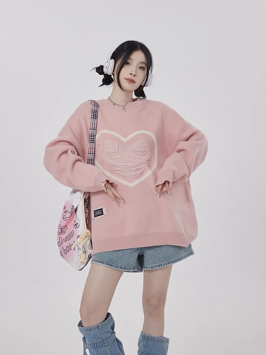 吵吵家 粉色毛衣女春秋冬美式寬鬆慵懶風愛心設計感針織外套上衣X