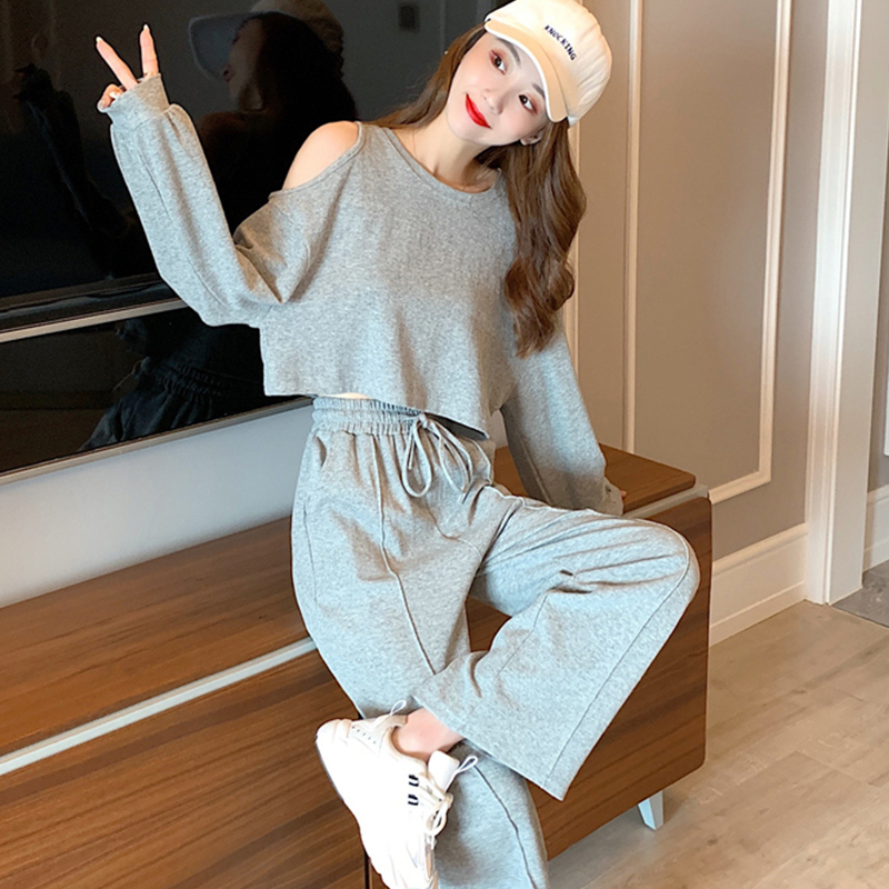 New autumn and winter long-sleeved off-shoulder tops, high-waisted wide-leg pants, internet celebrity street sports two-piece thin suits for women