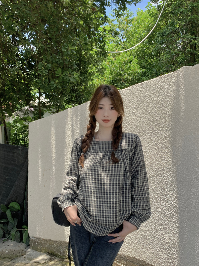 實拍 秋季韓版新款復古方領格子百搭寬鬆顯瘦襯衫長袖上衣女