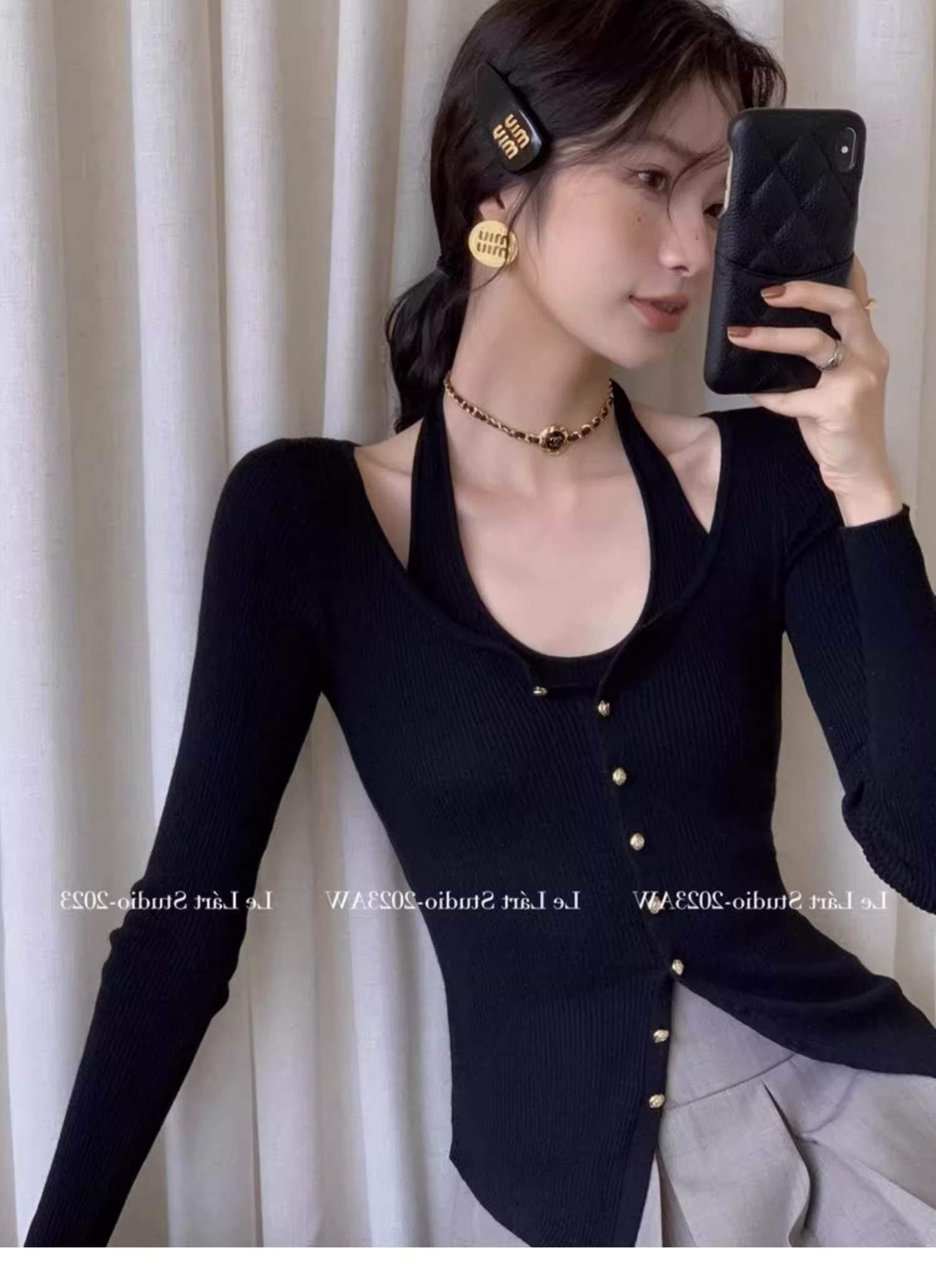法式兩件套掛脖薄款針織衫女春秋秋季開衫內搭打底衫修身長袖上衣