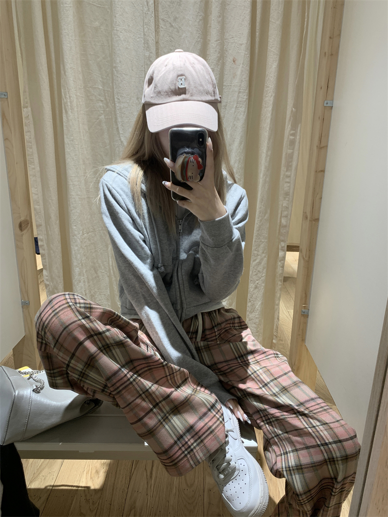 實拍~ 韓系粉色格子愛心抽繩休閒格子褲
