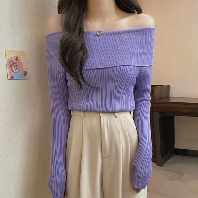 Hot girl one-shoulder long-sleeved knitted bottoming shirt for women autumn and winter sweater sexy irregular slim fit short top