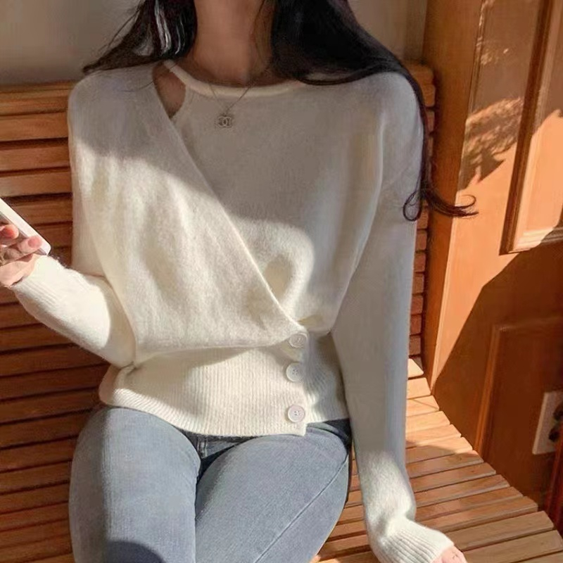 韓系chic早秋法式設計感假兩件三粒扣收腰針織毛衣百搭小眾上衣女